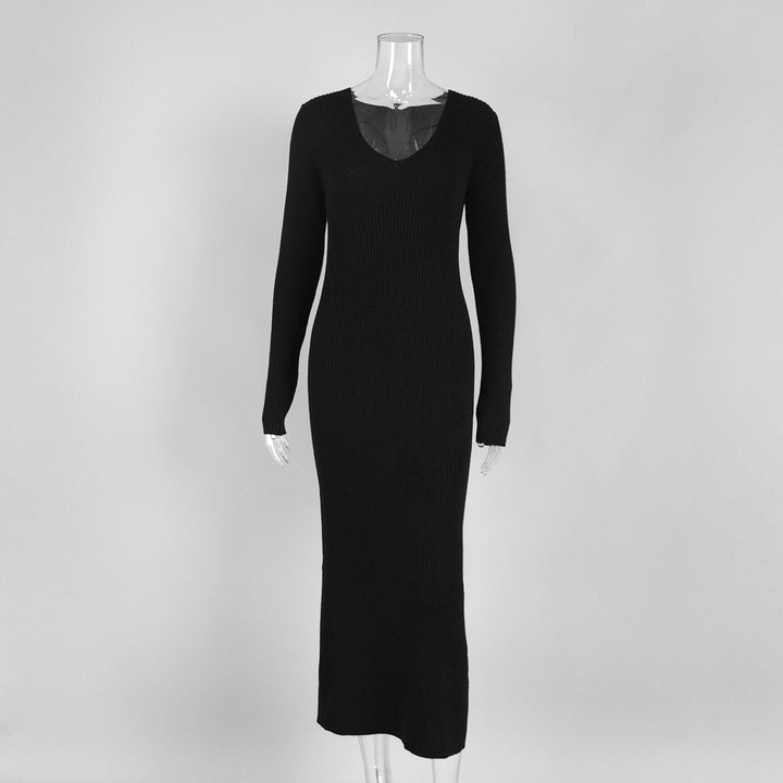 V-neck slim knitted maxi dress sweater dress