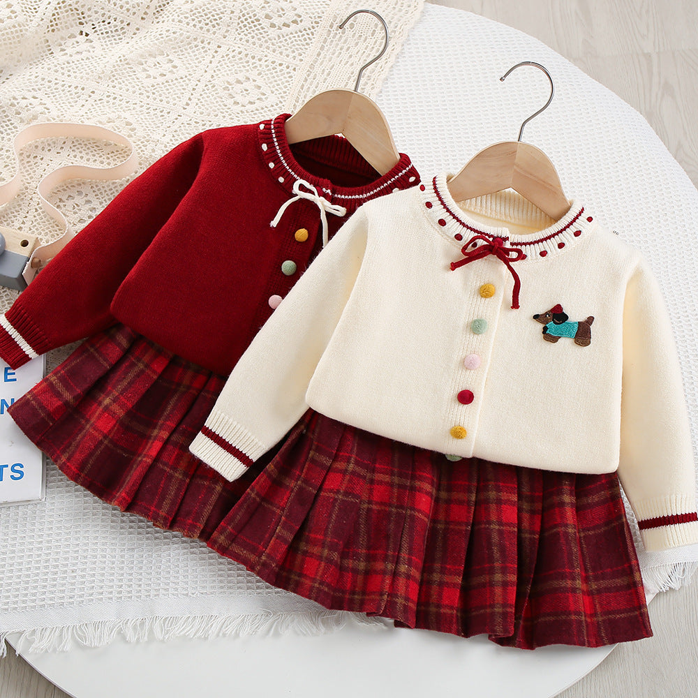 Girls Cute Puppy Sweater&Pleated Skirt 2pcs Set