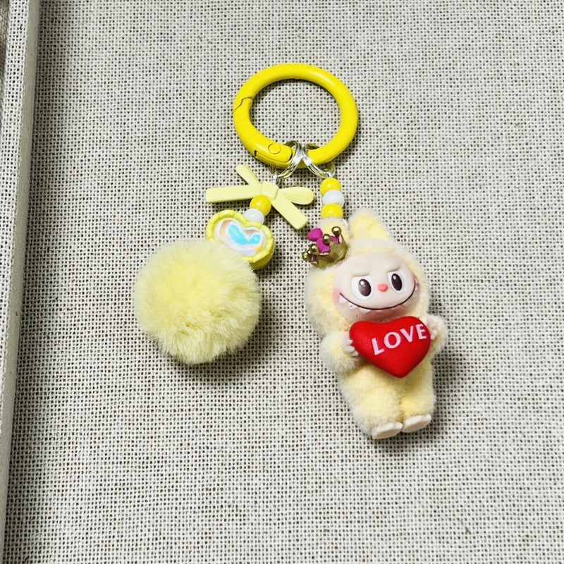Holding love heart Flocked labubu keychain bag pendant