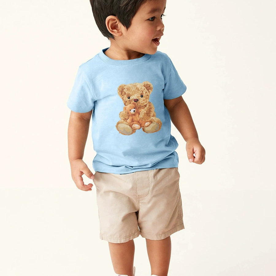Boys' blue cotton T-shirt with bear printed