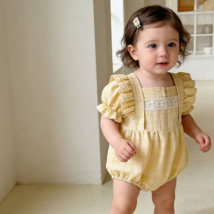Baby yellow plaid puff sleeve bodysuit romper