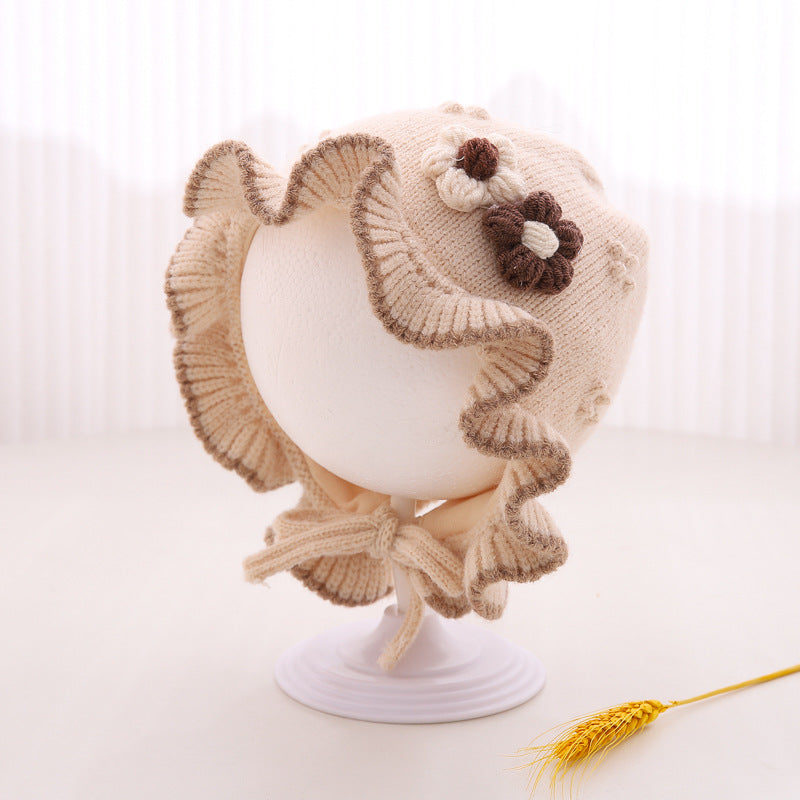 Baby cute sweet flower ruffle hem knitted hat