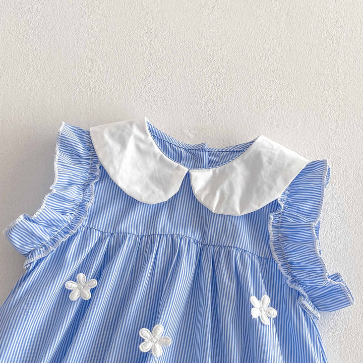Baby girl summer sleeveless blue&white striped lapel romper
