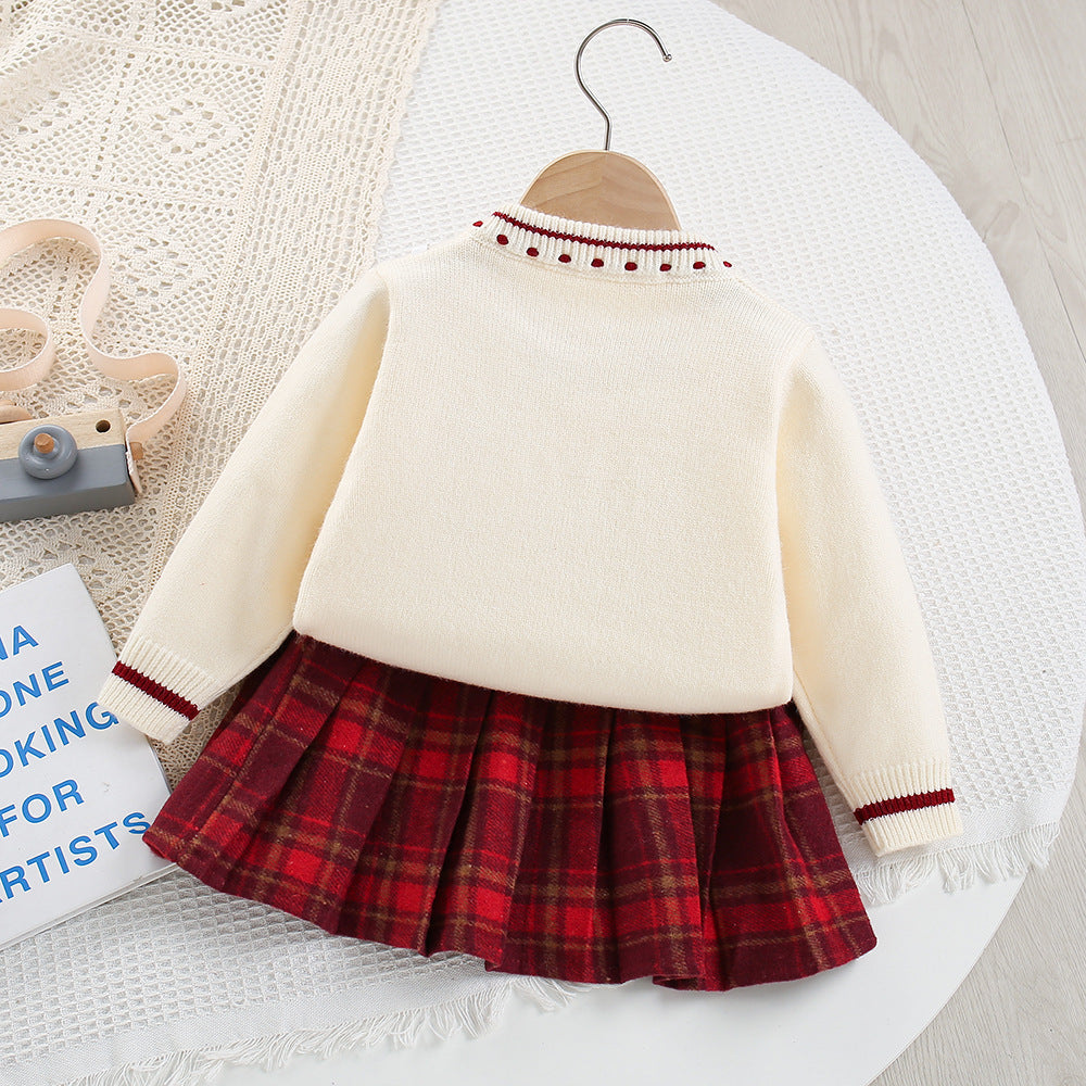 Girls Cute Puppy Sweater&Pleated Skirt 2pcs Set