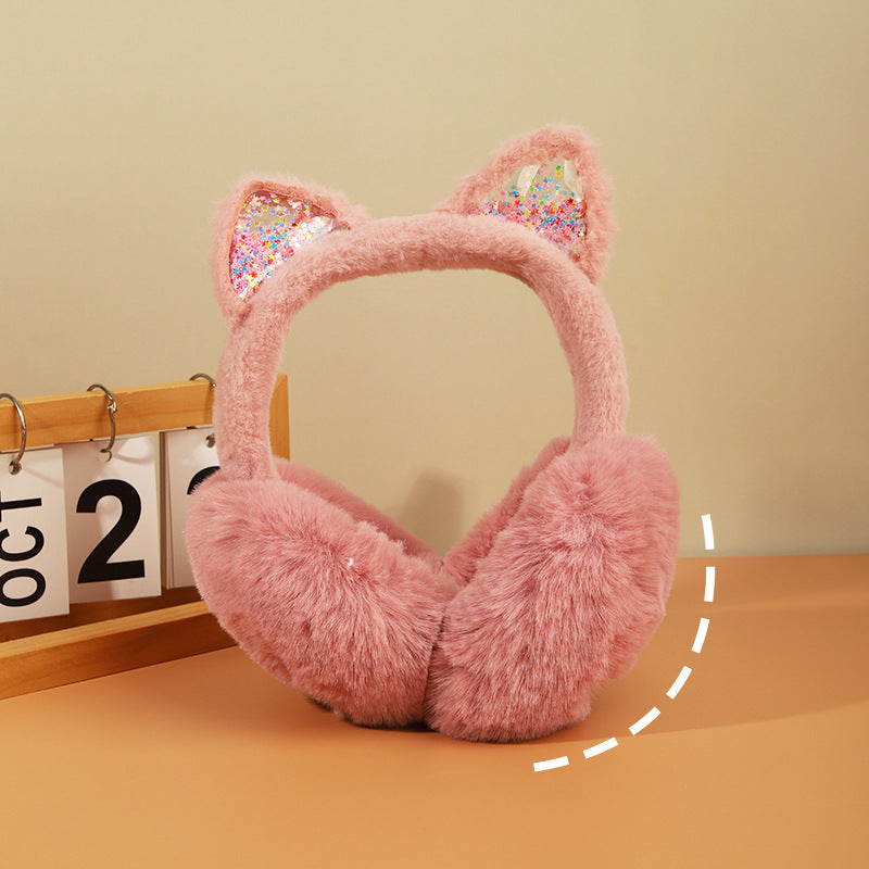 Sequin quicksand colorful furry Cat Earmuffs for kids