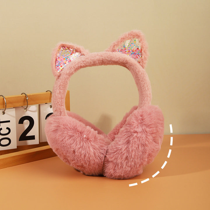 Sequin quicksand colorful furry Cat Earmuffs for kids