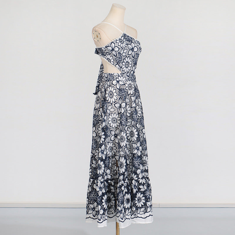 Women's halter neck lace hollow suspender dress