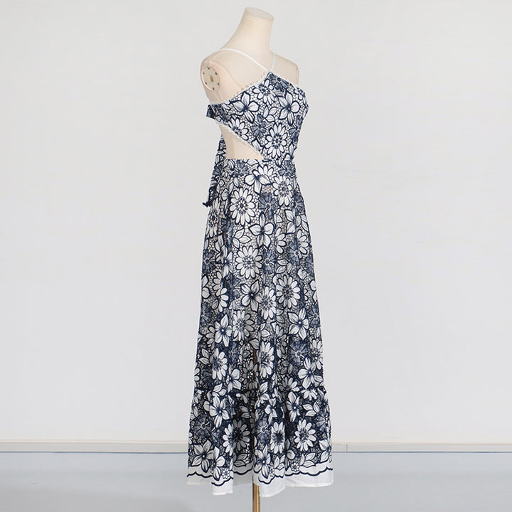 Women's halter neck lace hollow suspender dress