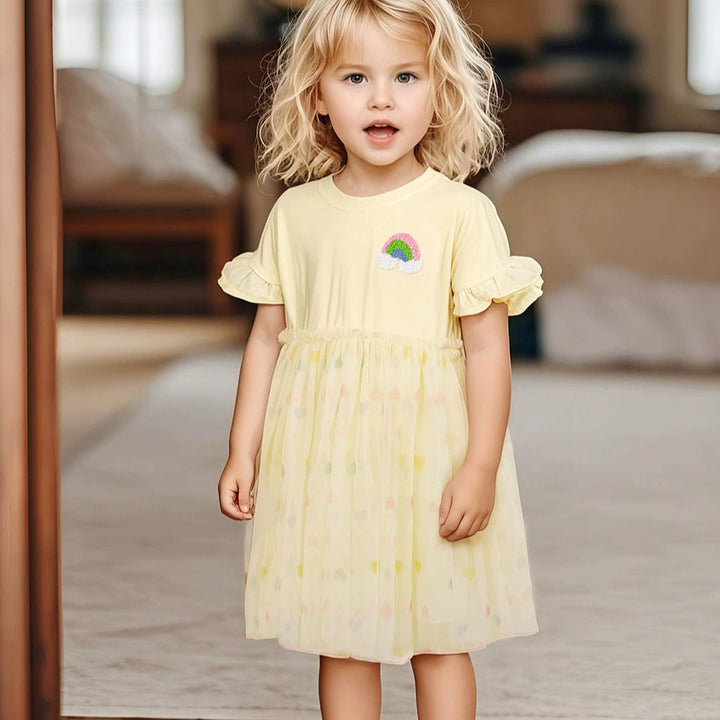 Girls Lotus Sleeve Rainbow mesh dress