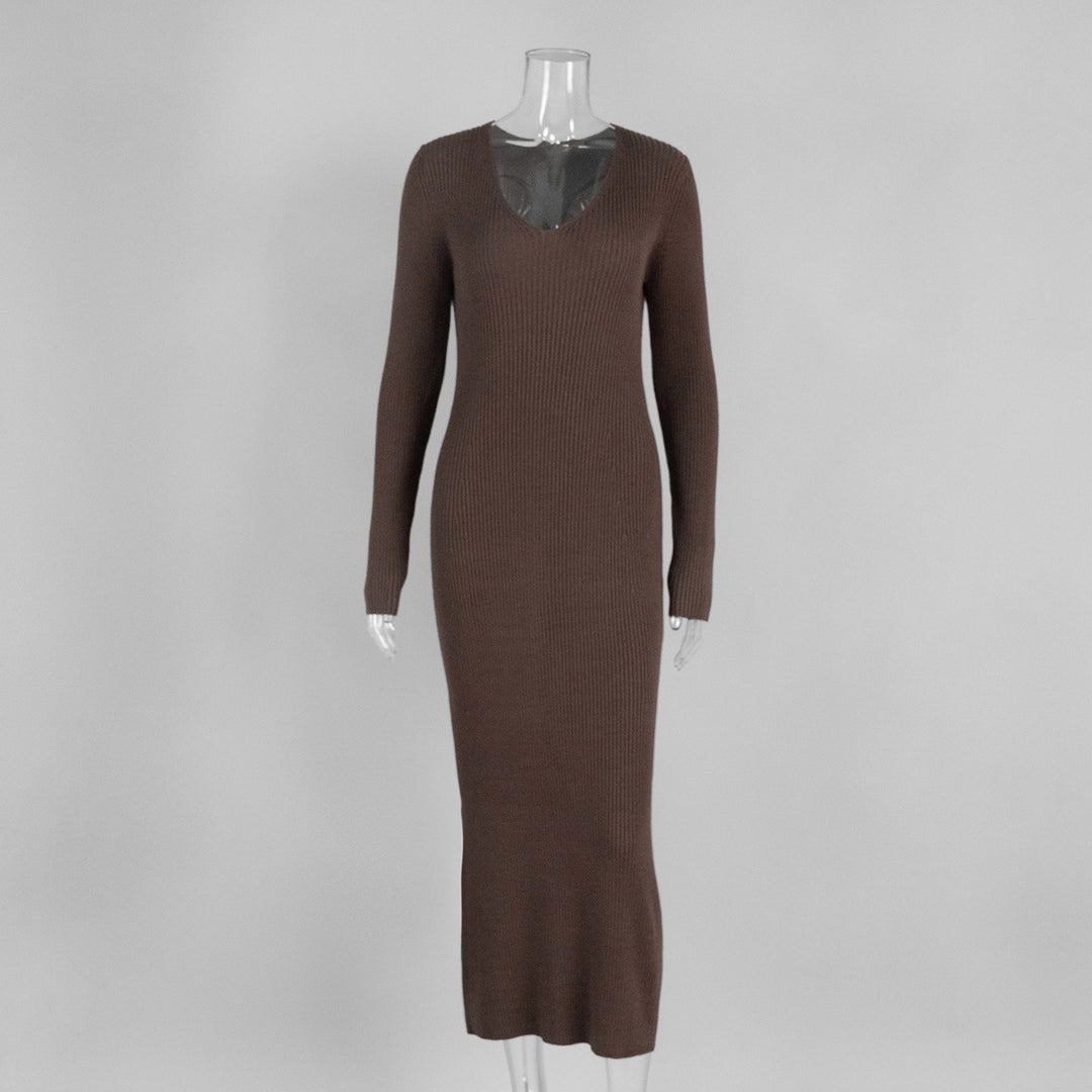 V-neck slim knitted maxi dress sweater dress