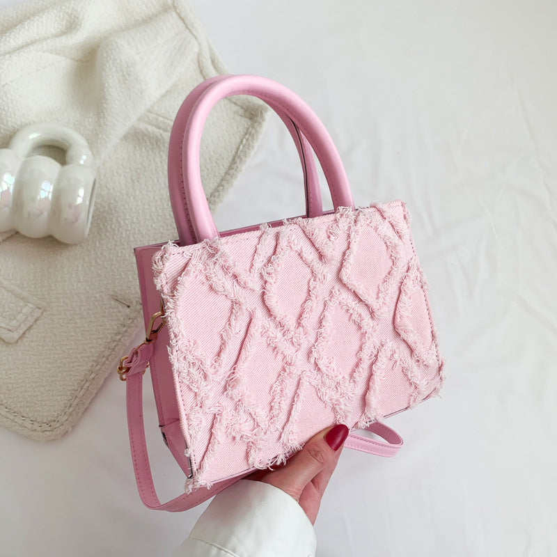Retro denim diamond pattern tassel shoulder bag crossbody bag