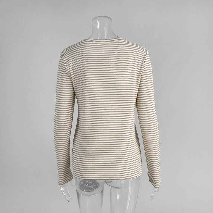 Striped slim round neck cotton bottoming shirt for women