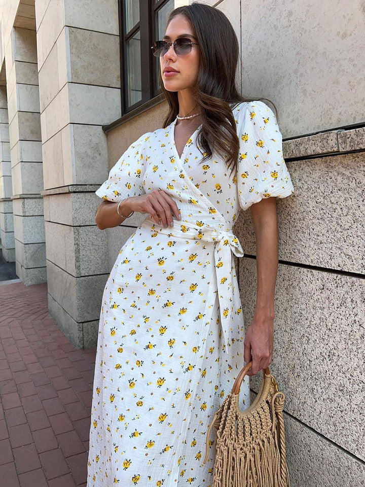 Cotton crepe puff sleeve V-neck lace-up floral dress