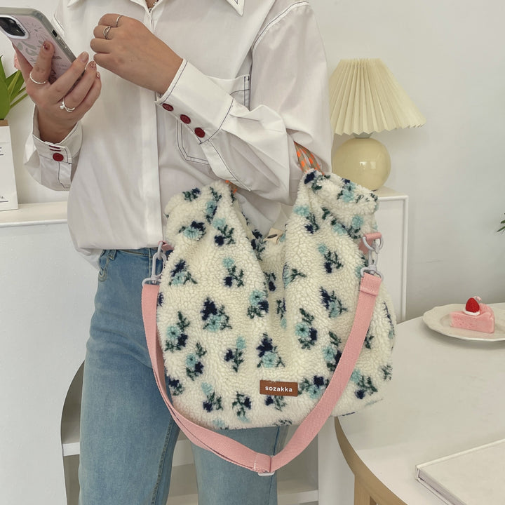 Striped plush large capacity shoulder tote bag