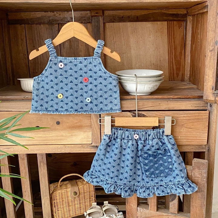 Baby denim suspenders top&short skirt 2pcs set