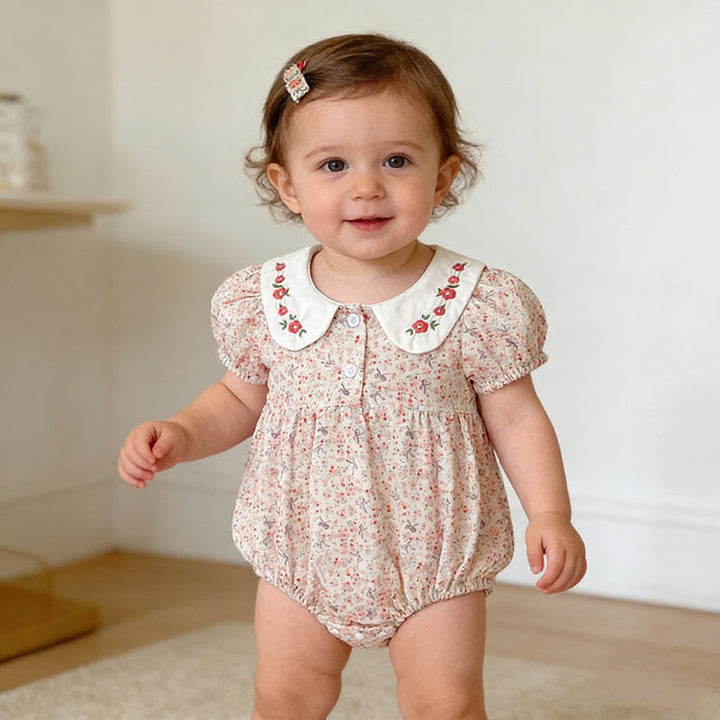Pink floral bow embroidered baby bodysuit romper