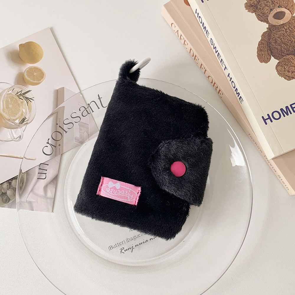 Fluffy solid color snap clasp card holder mini wallet earphone bag