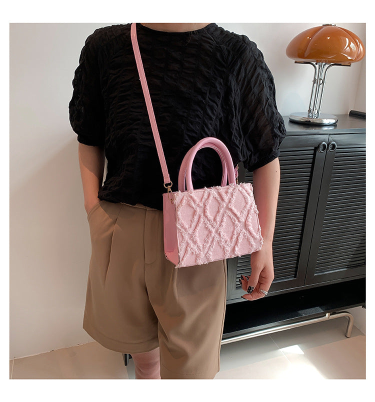 Retro denim diamond pattern tassel shoulder bag crossbody bag