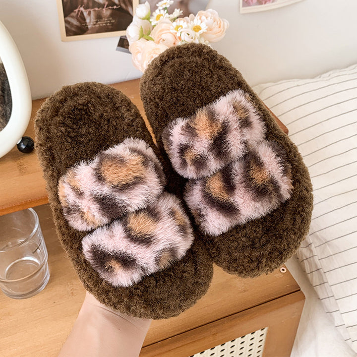 Leopard plush home slippers furry slippers for girls