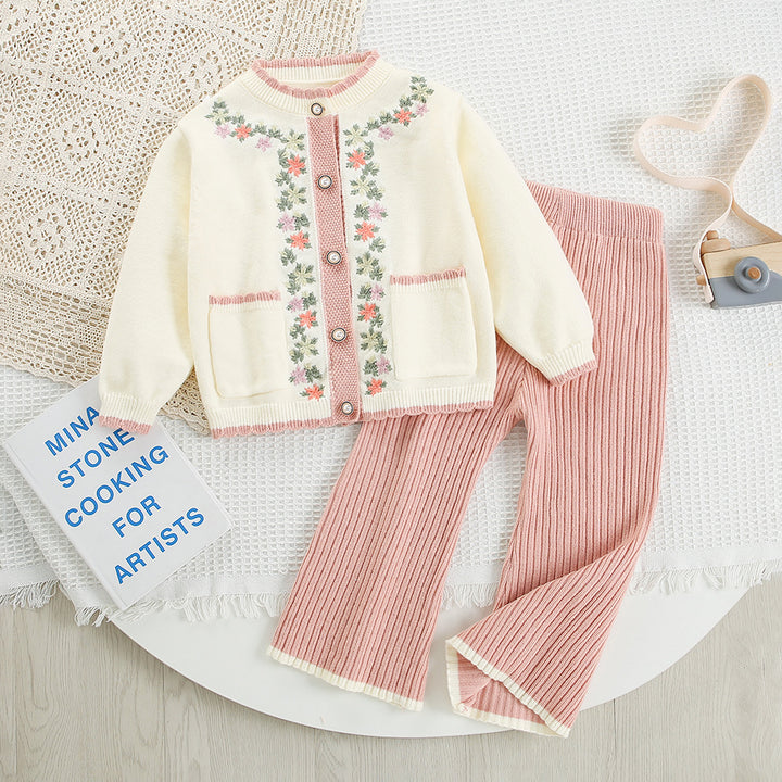 Girls Embroidered Flower Knitted Cardigan&Pants 2pcs Set