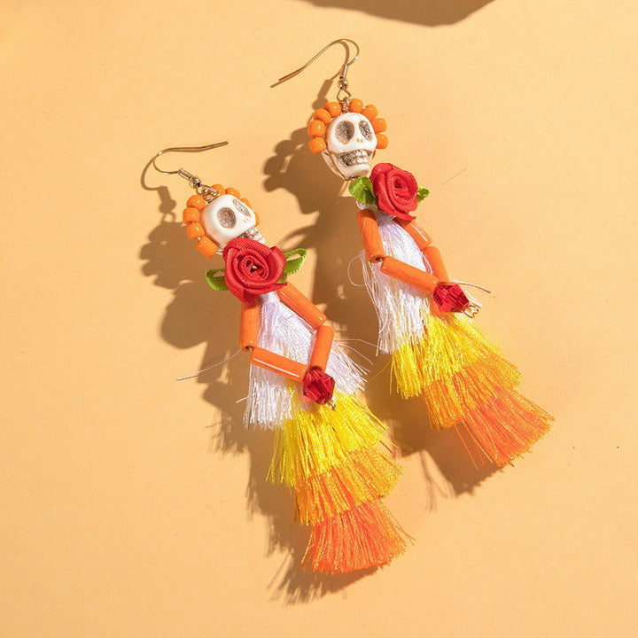 Halloween funny skull tassel rice bead earrings halloween gifts