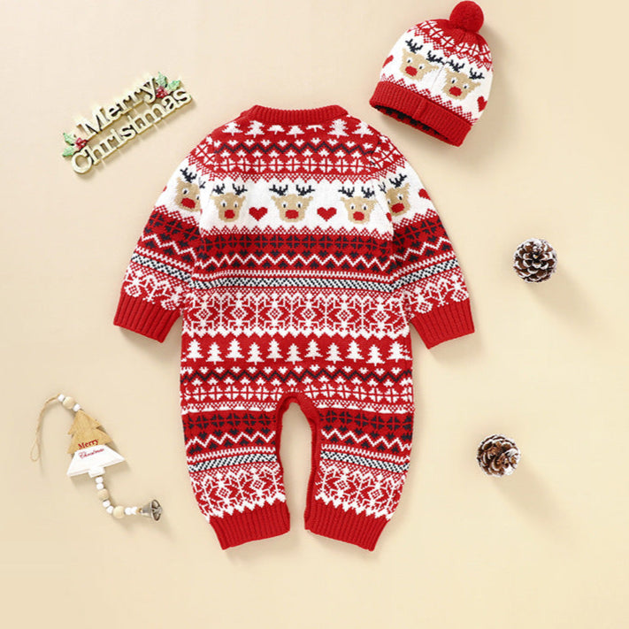 Baby knitted Christmas Romper with beanie