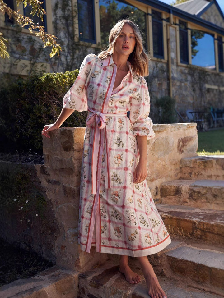 Pink Floral Linen Waist Tie Dress