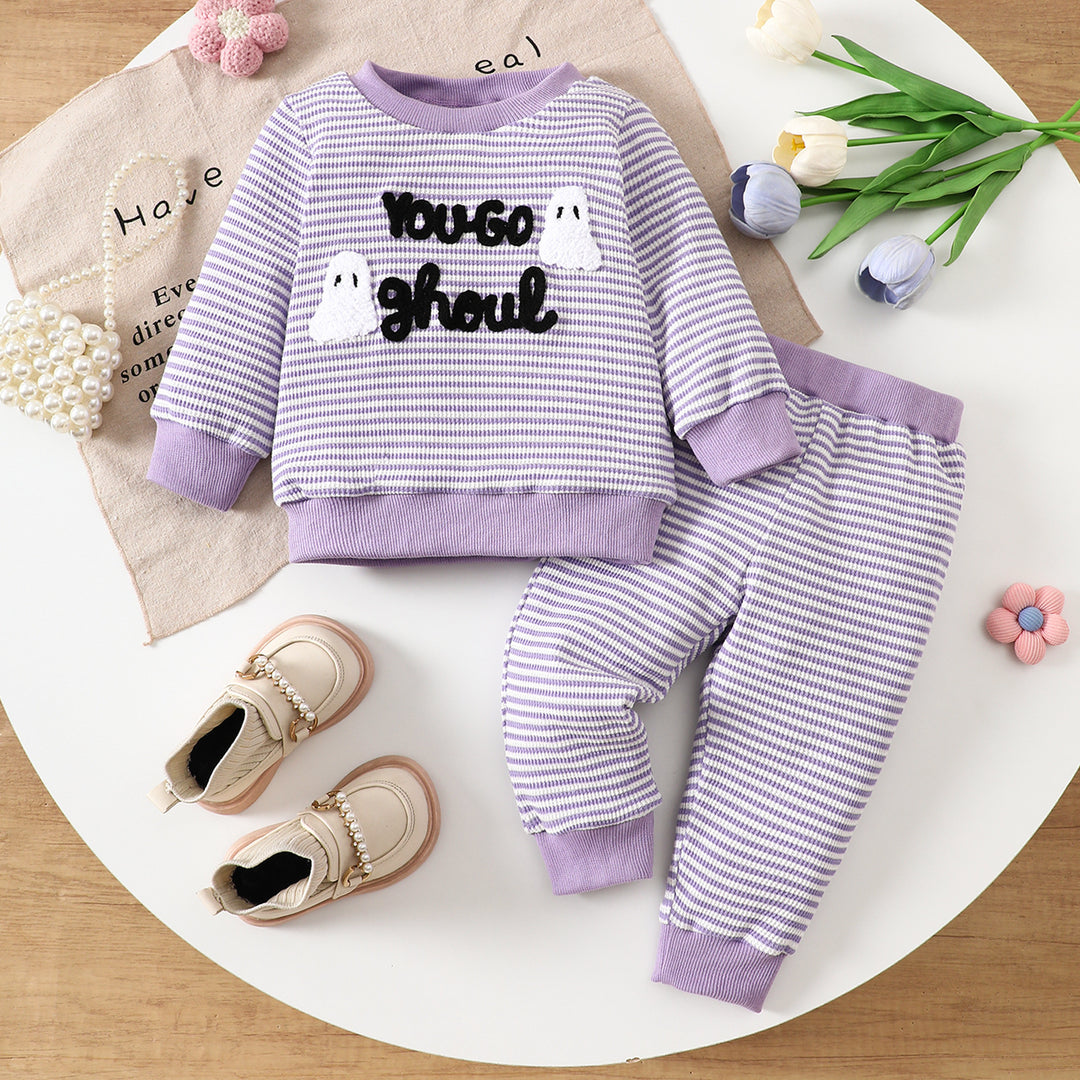 Boo Halloween Towel embroidery striped sweatshirt set