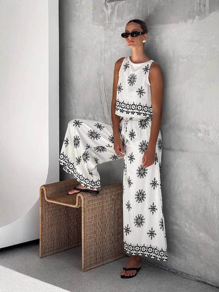 Boho Linen tank top&Wide Leg Pants Set
