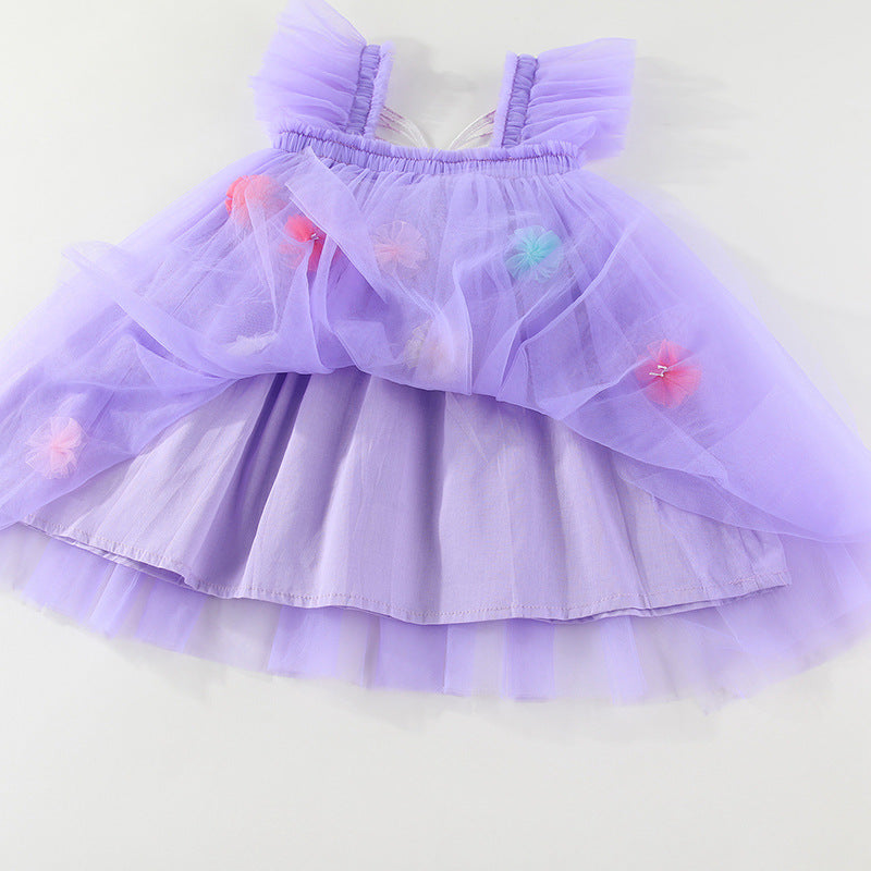 Girls'3D butterfly wings&flowers suspender mesh dress