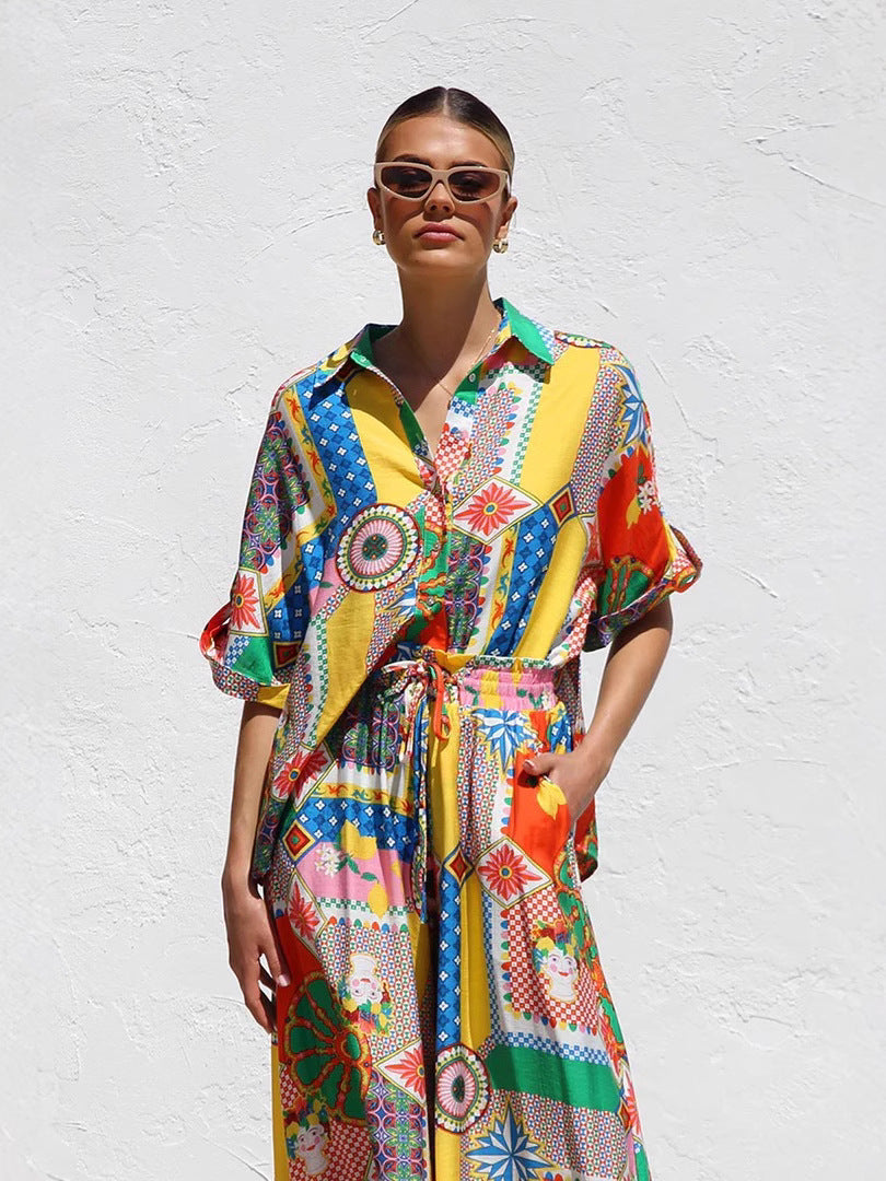 Boho Holiday style beach shirt&wide leg pant set
