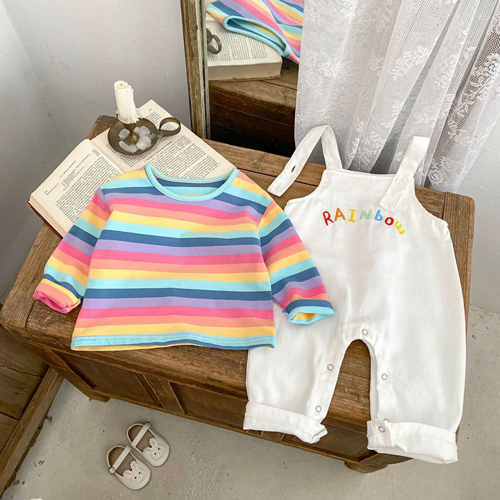 Rainbow baby overalls &striped long-sleeved top 2pcs set