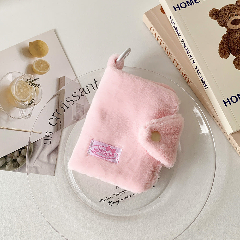 Fluffy solid color snap clasp card holder mini wallet earphone bag