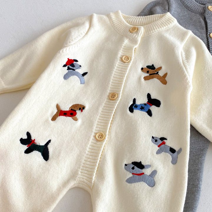 Baby puppy embroidered knitted warm romper