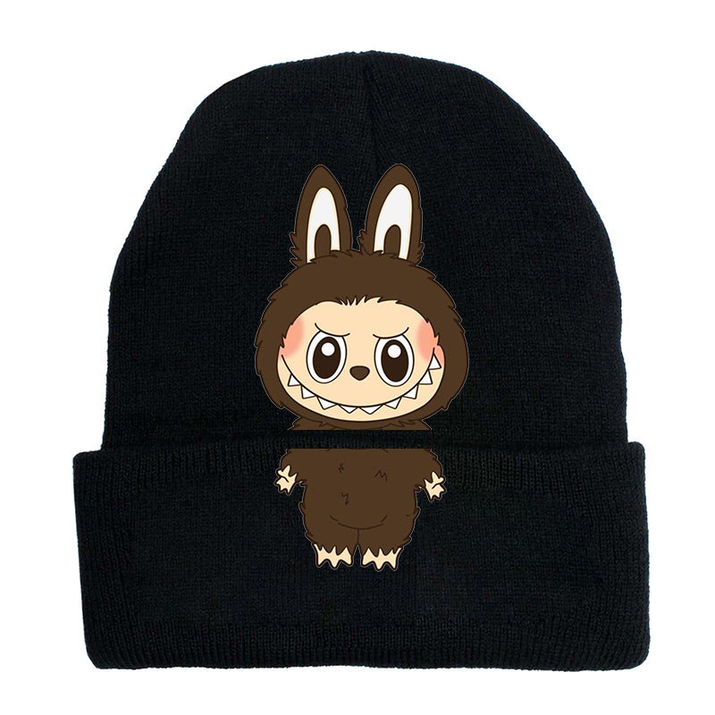 Cute monster printed knitted beanie hat-black