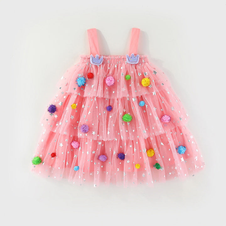 Colorful POM-POMS Glitter Stars mesh cake dress