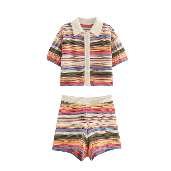 Crochet Lapel Short Sleeve Top&Shorts Set