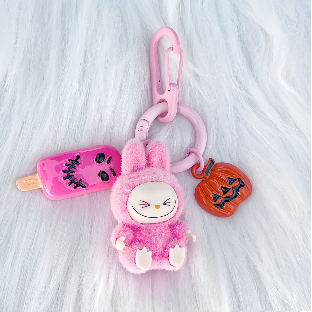 Halloween flocking mini Labubu keychain bag pendant