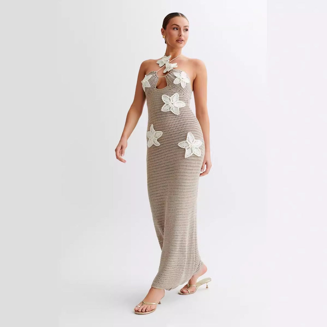 Halter Neck Floral Knit Beach Dress swimsuit cover up