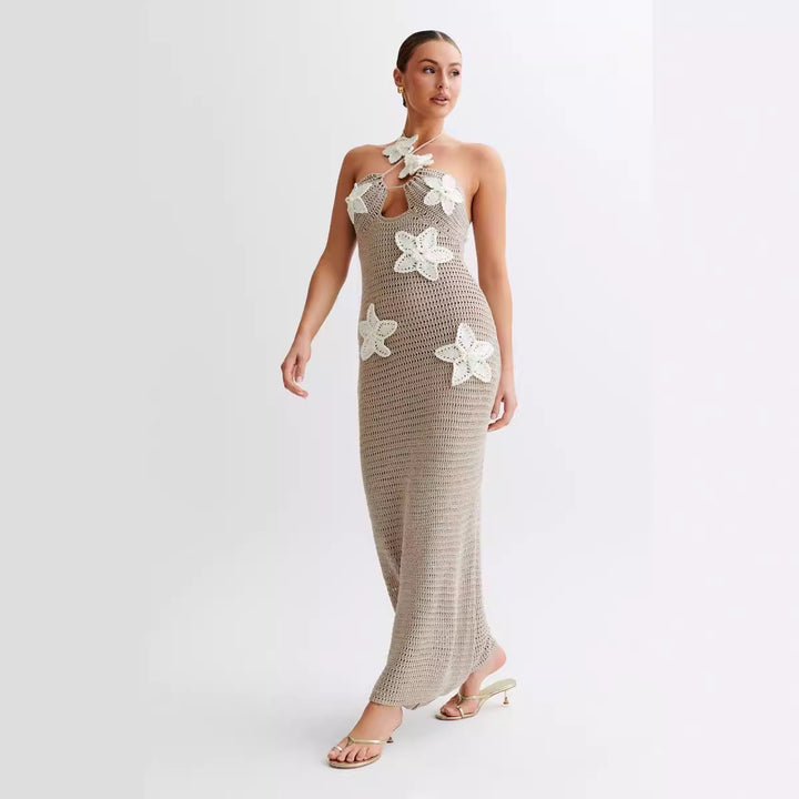 Halter Neck Floral Knit Beach Dress swimsuit cover up