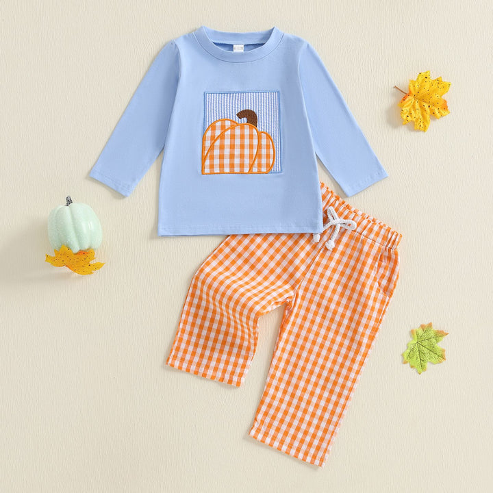Boys Halloween Pumpkin Embroidered T-shirt&pant set