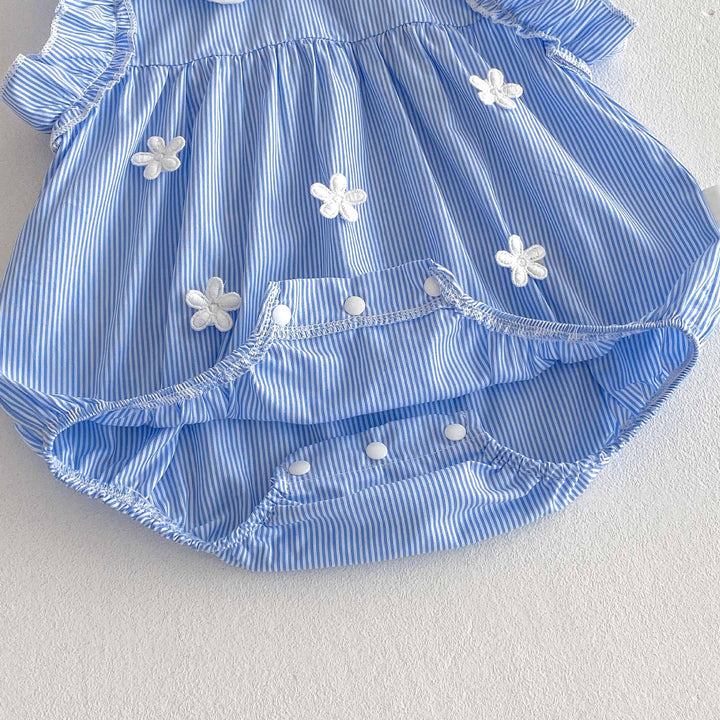 Baby girl summer sleeveless blue&white striped lapel romper