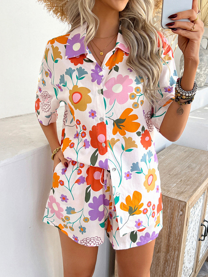 Boho Printed Button Top&short Set for summer vacation