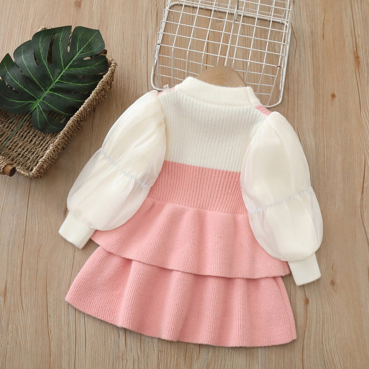 Girls puff sleeve knitted sweater skirt