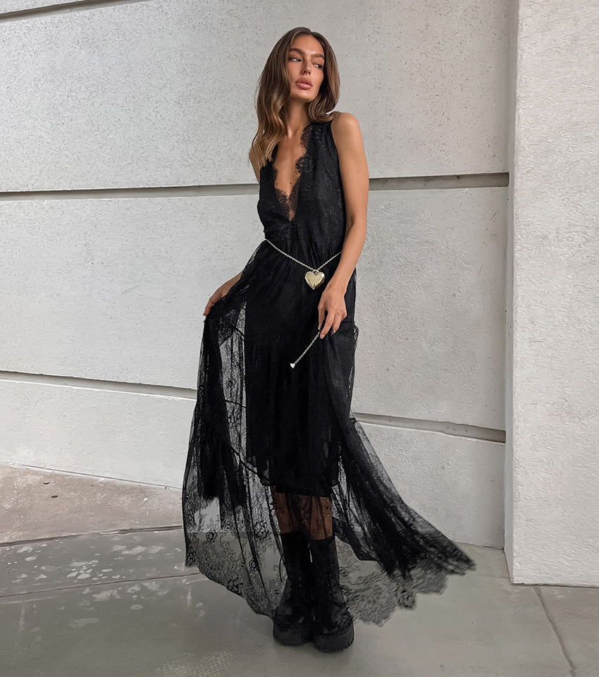 Embroidery Lace Plunge Maxi Dress