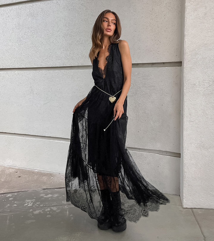 Embroidery Lace Plunge Maxi Dress