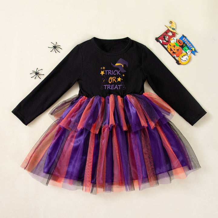 Halloween Girls Long Sleeve Mesh Splicing Dress
