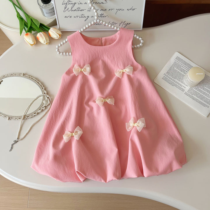 Girls bow-deco sleeveless pink dress for summer