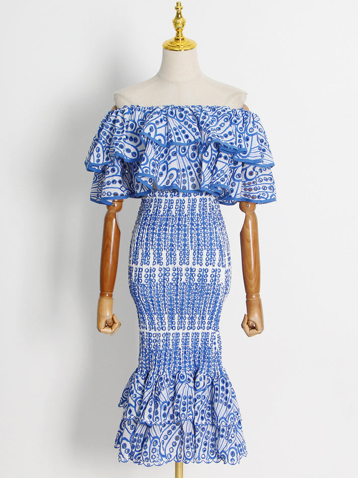 Women's ruffle one-shoulder top& Fishtail hip skirt