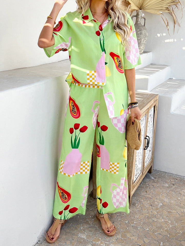 Boho Printed Button Top&wide leg pant Set for summer vacation